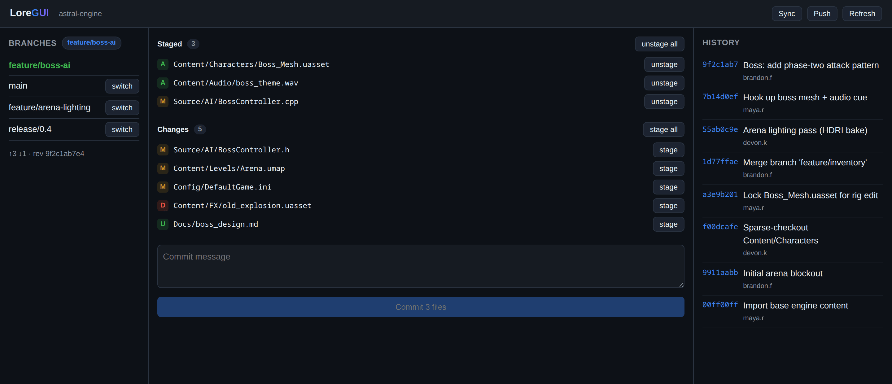 The LoreGUI desktop app showing branches, file changes, a commit box and revision history for a game project.