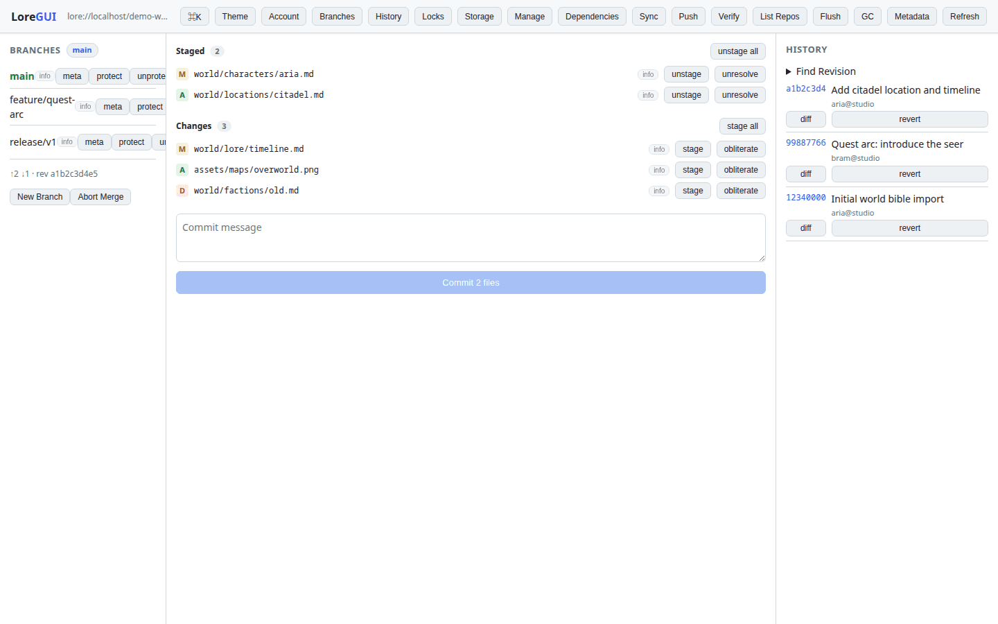 The same LoreGUI main view rendered in the light theme — identical layout, re-themed surfaces.
