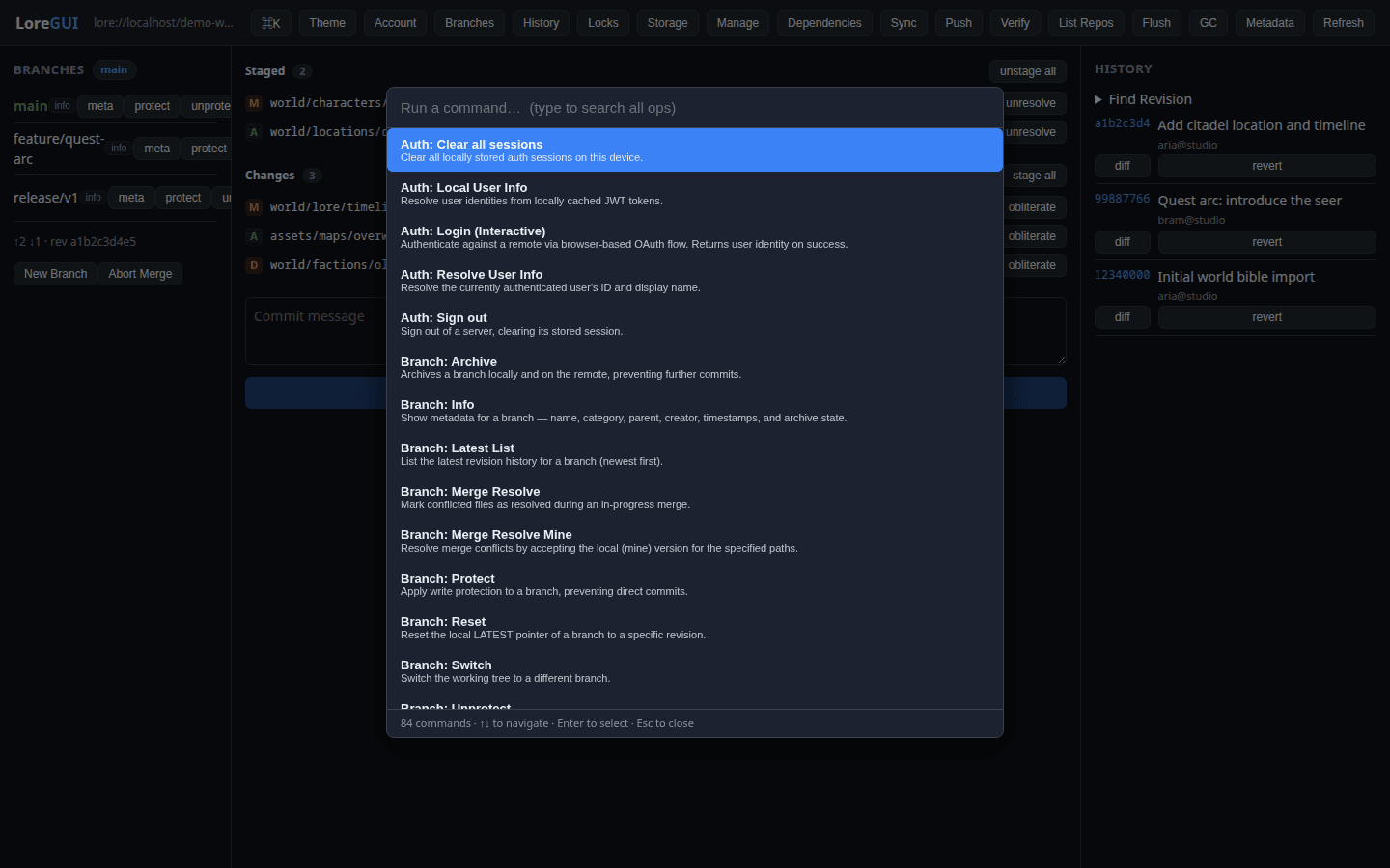 LoreGUI command palette in the dark theme, freshly opened and listing every operation in the app — over a hundred commands.