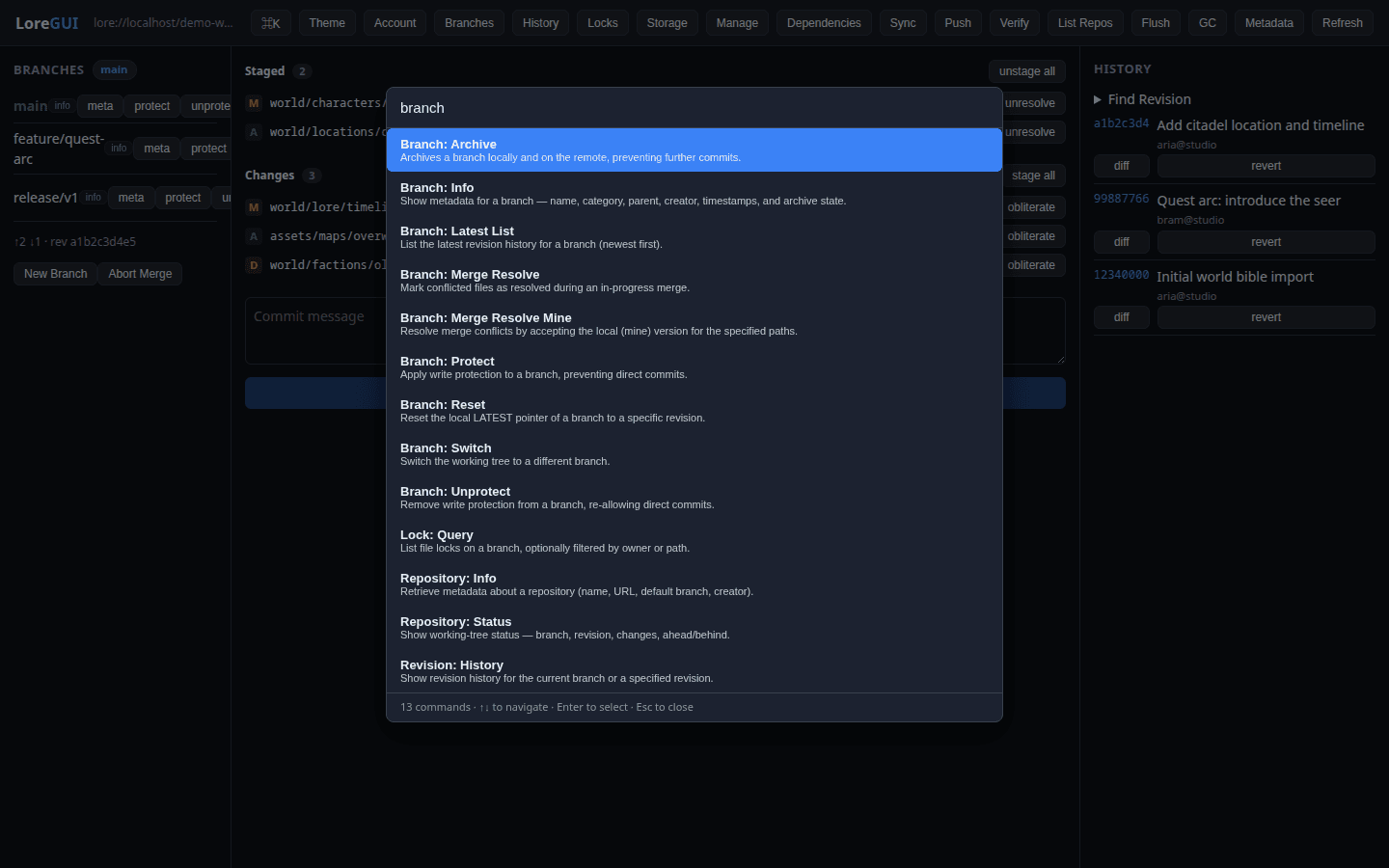 LoreGUI command palette open with a fuzzy search for 'branch' listing matching operations.