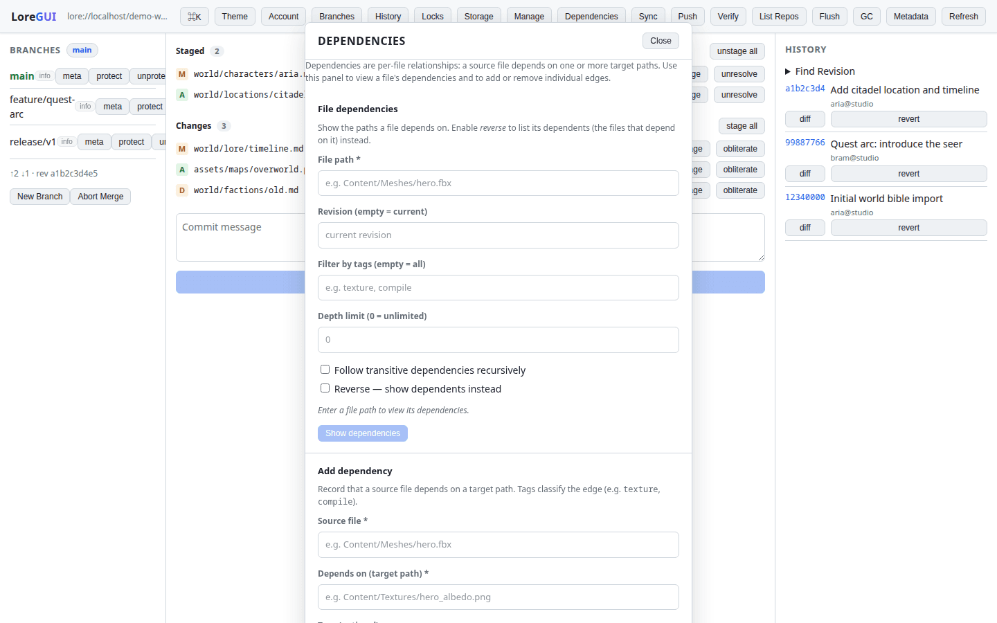 LoreGUI dependencies panel in the light theme: view the files a path depends on, follow transitive edges, or reverse the query to list dependents.