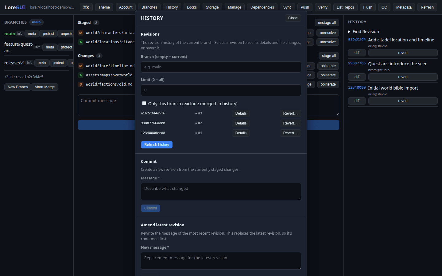 LoreGUI history panel listing revisions with diff and revert actions.