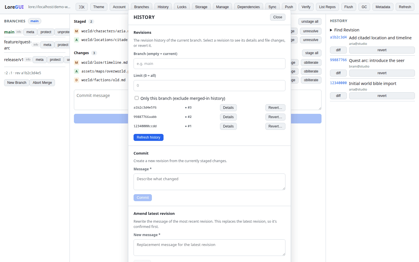LoreGUI history panel in the light theme, listing revisions with diff and revert actions.