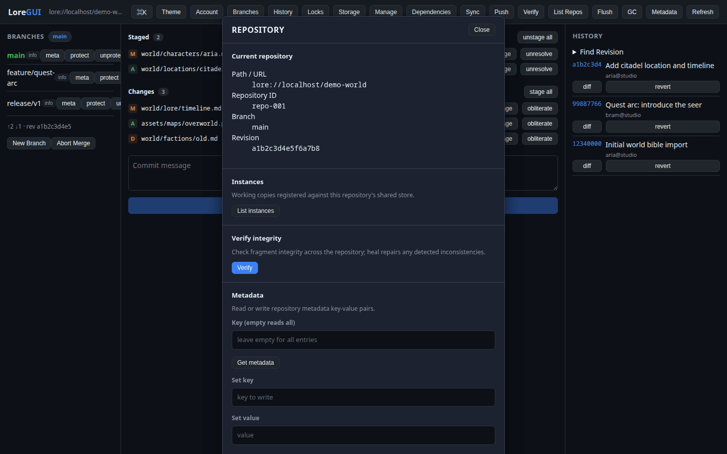LoreGUI repository manage panel with administration and maintenance actions.