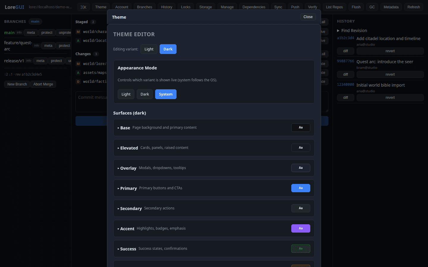 LoreGUI theme editor in a dark theme, exposing semantic surface tokens.