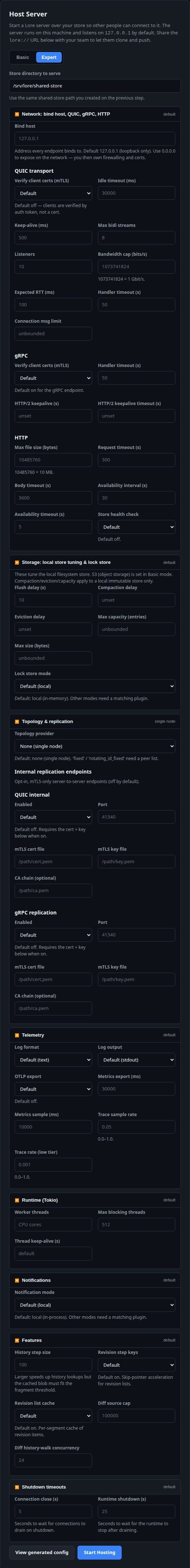 Host a server, Expert mode: all advanced configuration sections expanded.