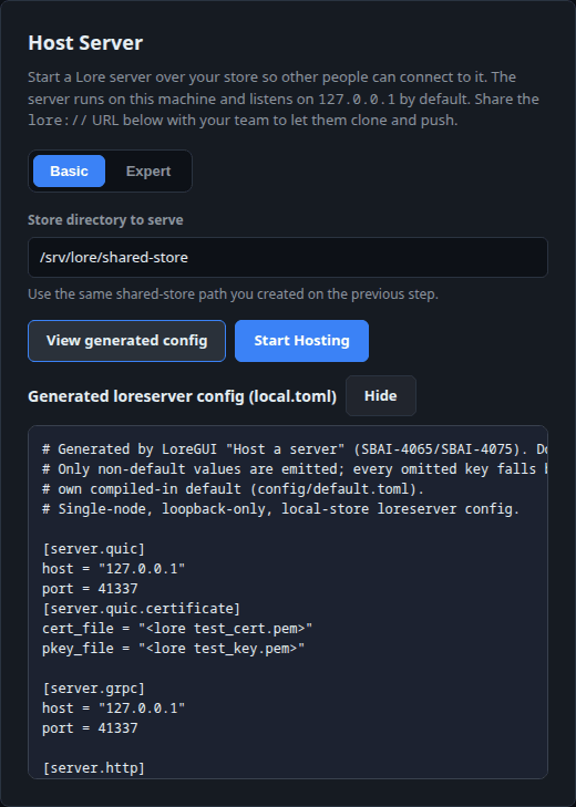 View generated config in Basic mode: a minimal local.toml preview.