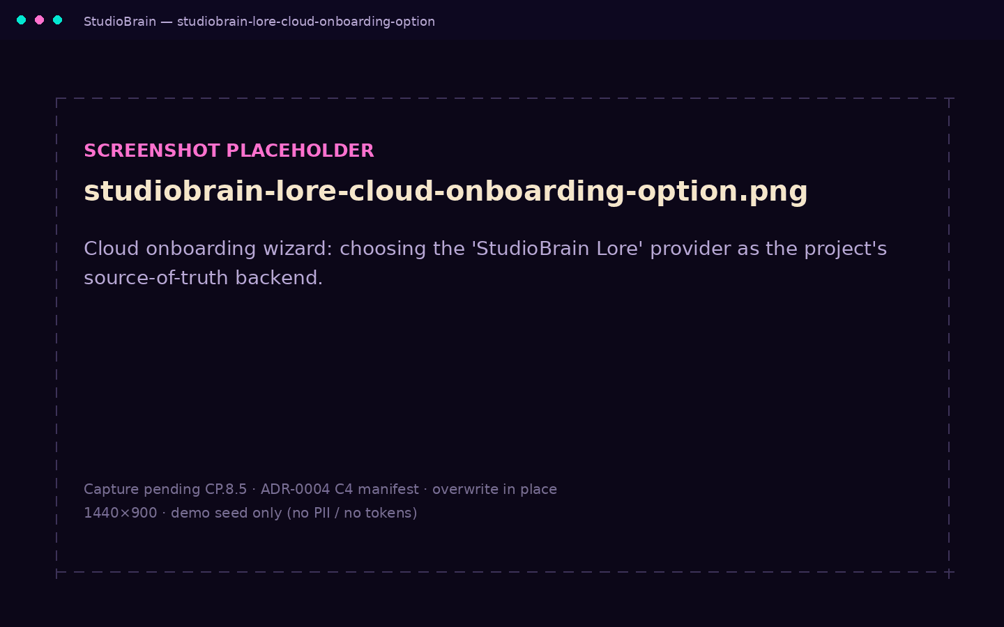 The StudioBrain onboarding wizard with the 'StudioBrain Lore' provider selected as the project source of truth.