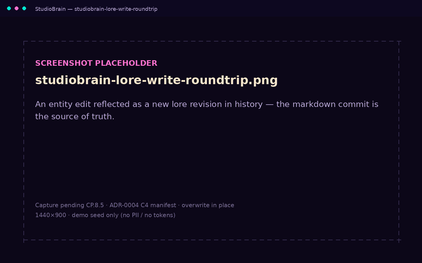 An entity edit in StudioBrain reflected as a new revision in the lore history, with the Markdown commit as the source of truth.
