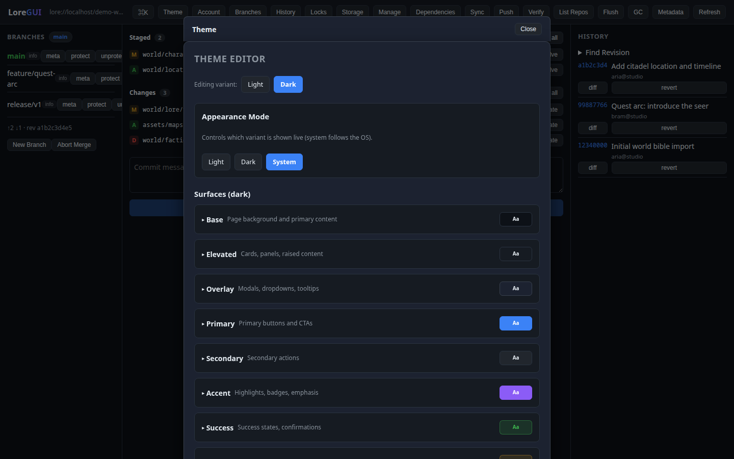 LoreGUI theme editor in a dark theme, exposing semantic surface tokens.